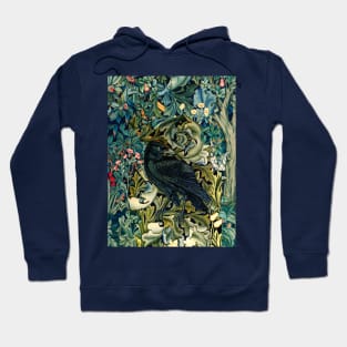 GREENERY, FOREST ANIMALS ,RAVEN ON ACANTHUS LEAVES Blue Green Floral Hoodie